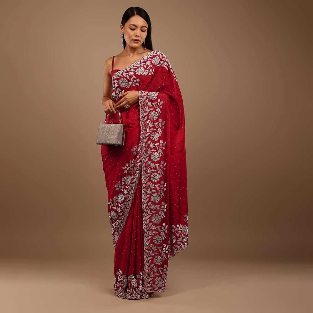 Spicy lollipop Red Satin Saree With Stonework In Floral Pattern