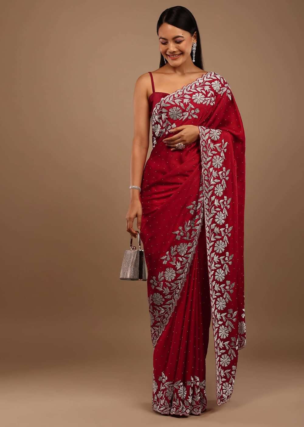 Spicy lollipop Red Satin Saree With Stonework In Floral Pattern