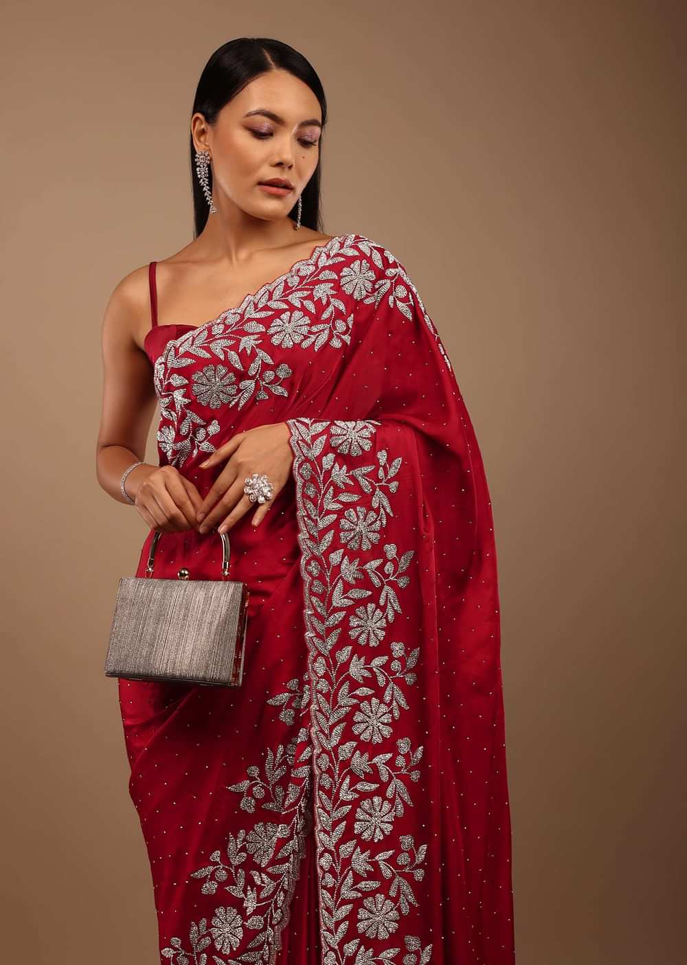 Spicy lollipop Red Satin Saree With Stonework In Floral Pattern