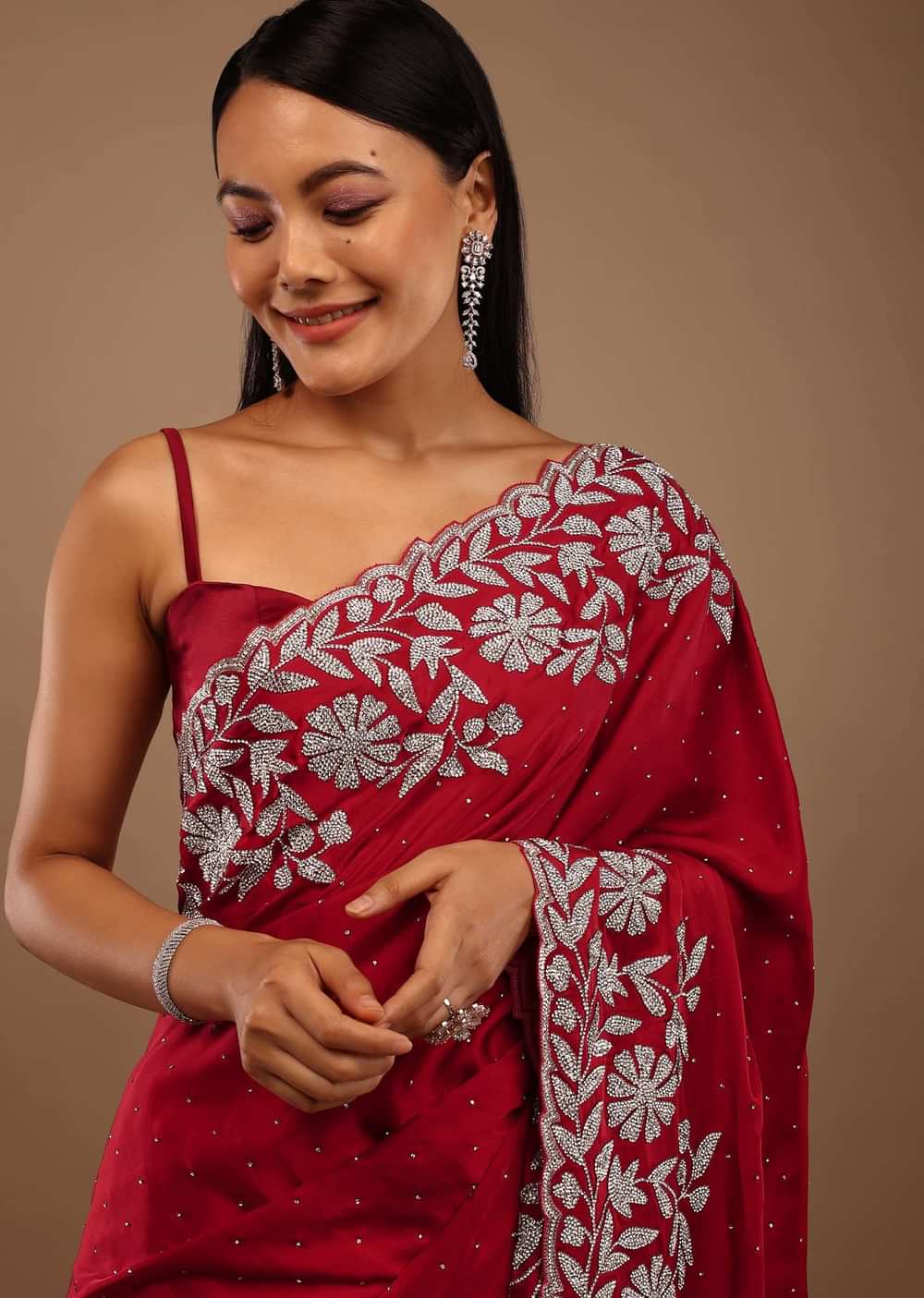 Spicy lollipop Red Satin Saree With Stonework In Floral Pattern