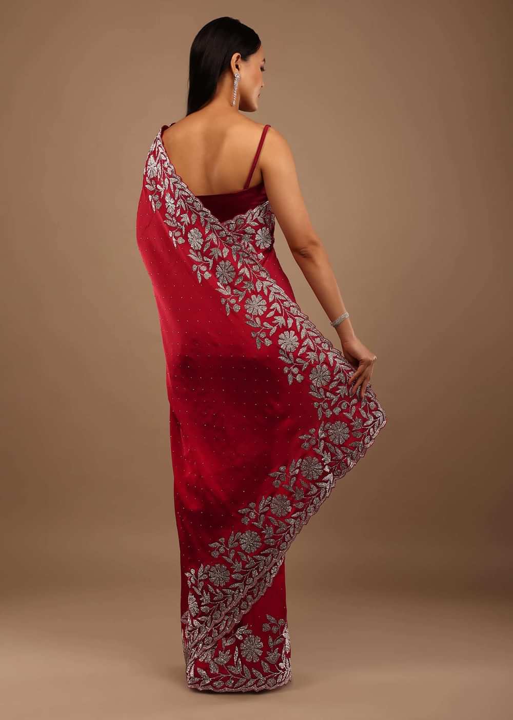 Spicy lollipop Red Satin Saree With Stonework In Floral Pattern