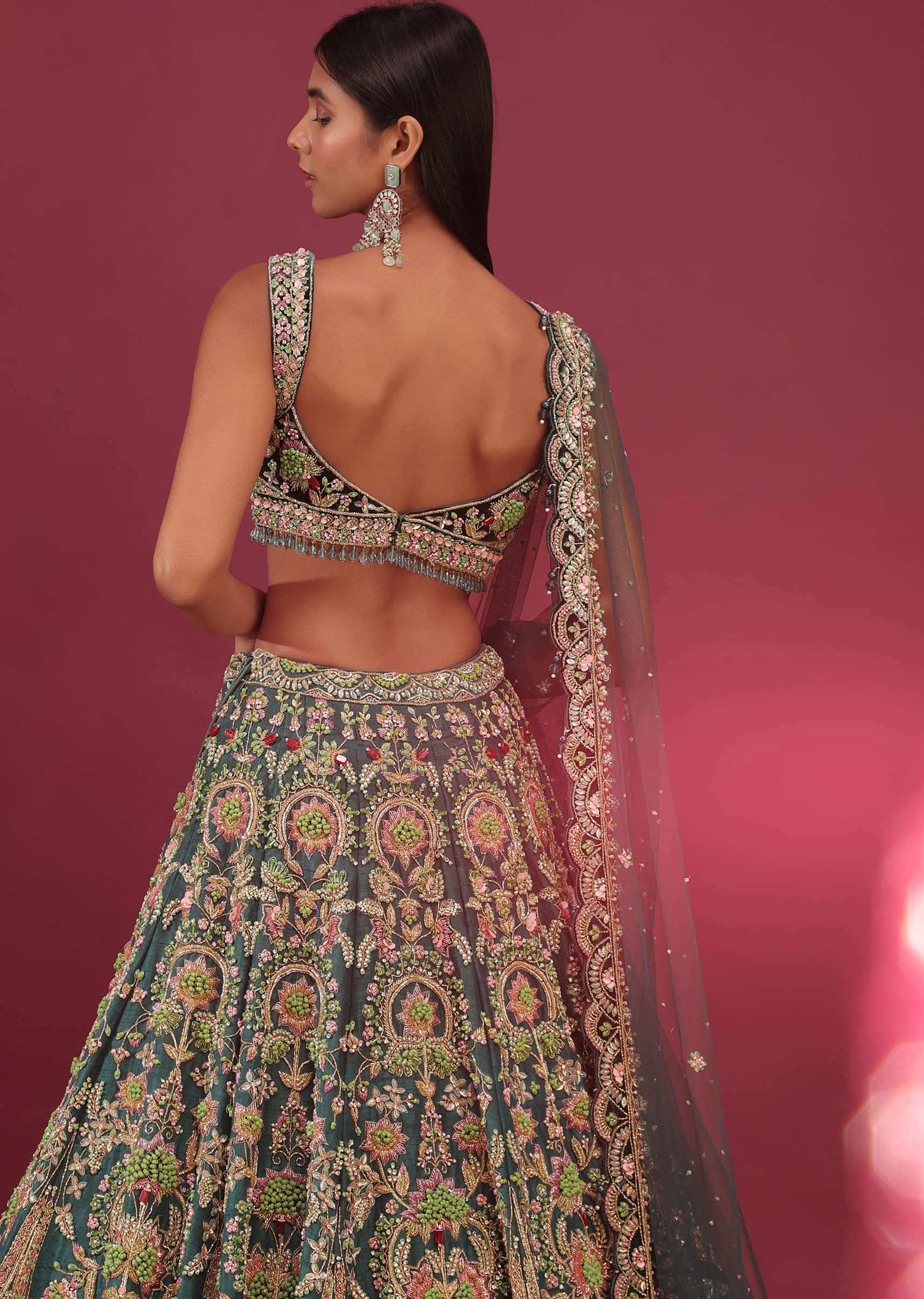 Peacock Green Raw Silk Bridal Lehenga With Embroidery - NOOR 2022