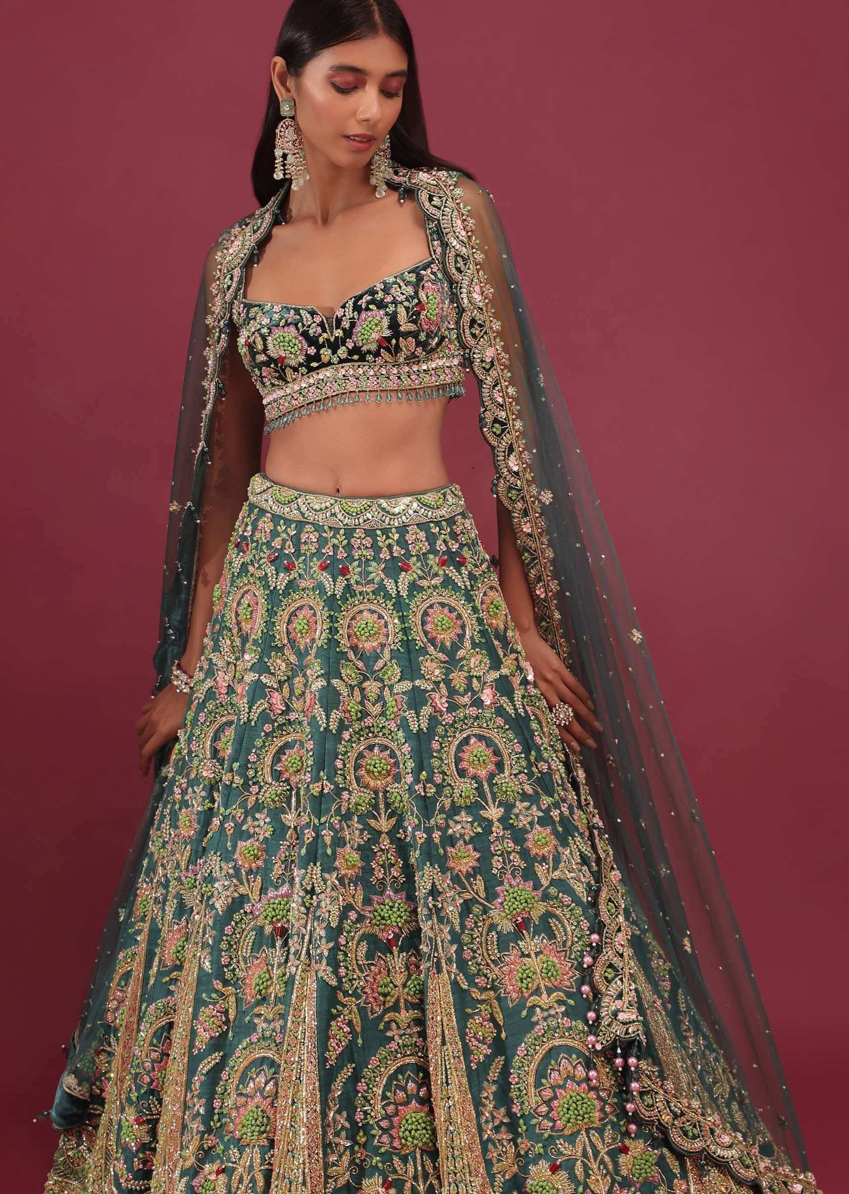 Peacock Green Raw Silk Bridal Lehenga With Embroidery - NOOR 2022