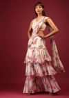 Daisy White Floral Print Pleated Lehenga Saree In Layered Frill Pattern With An Embellished Blouse