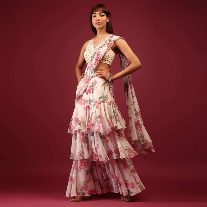 Daisy White Floral Print Pleated Lehenga Saree In Layered Frill Pattern With An Embellished Blouse