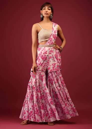 Daisy White Floral Print Sharara Saree With Attached Pallu And Embroidered Blouse