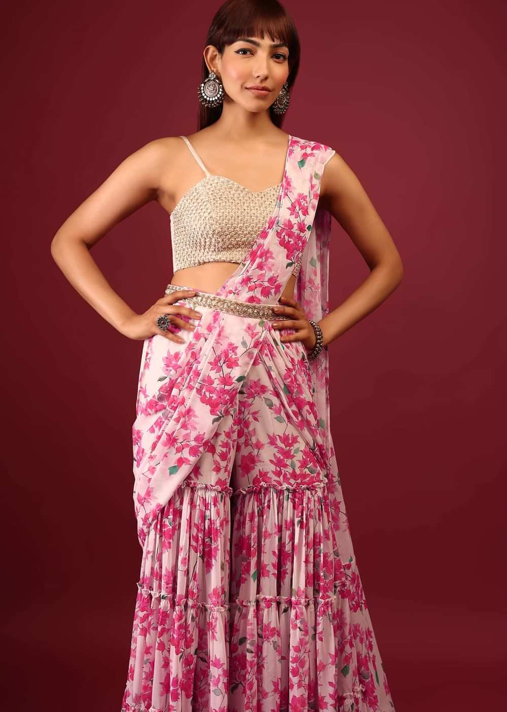 Daisy White Floral Print Sharara Saree With Attached Pallu And Embroidered Blouse