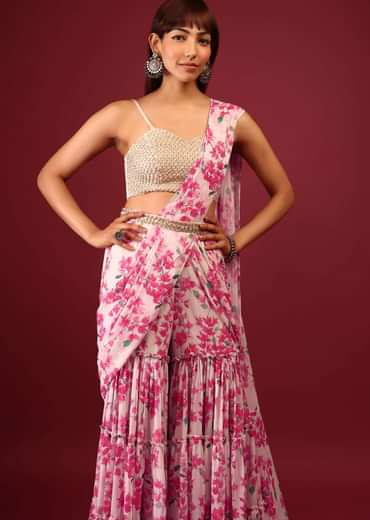 Daisy White Floral Print Sharara Saree With Attached Pallu And Embroidered Blouse