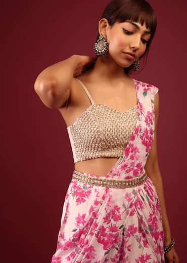 Daisy White Floral Print Sharara Saree With Attached Pallu And Embroidered Blouse