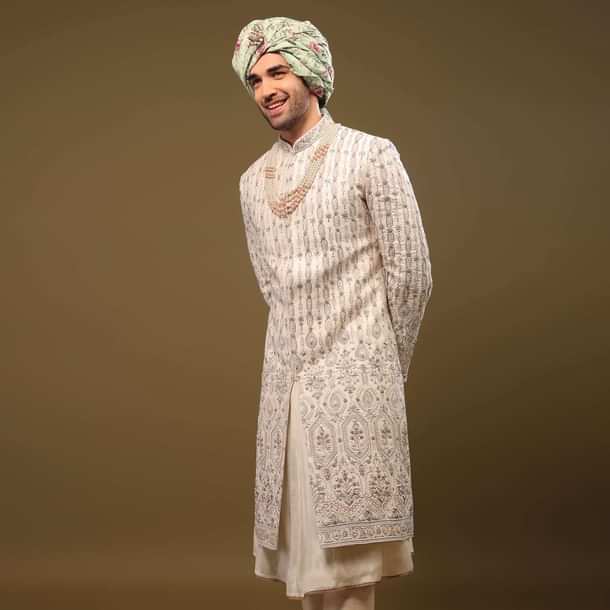 Beige White Thread Embroidered Silk Sherwani Set With Zari And Beads