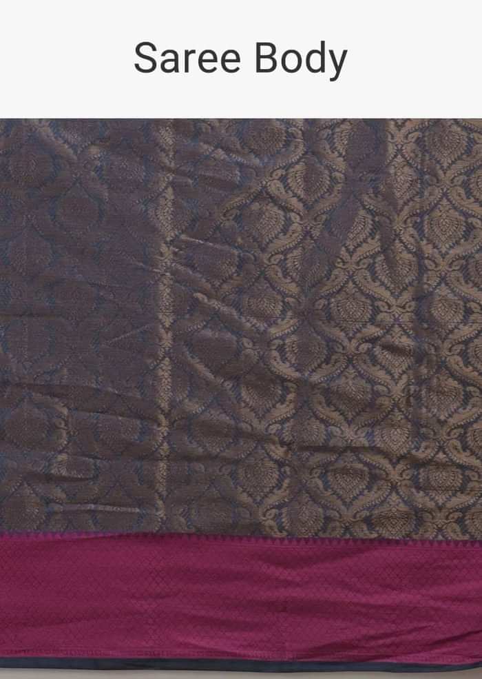Steel Blue Saree In Silk With Woven Moroccan Jaal Design And Contrasting Red Woven Border