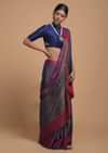 Steel Blue Saree In Silk With Woven Moroccan Jaal Design And Contrasting Red Woven Border