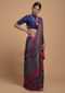 Steel Blue Saree In Silk With Woven Moroccan Jaal Design And Contrasting Red Woven Border