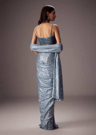 Steel Blue Sequin Saree Paired With A Plush Velvet blouse