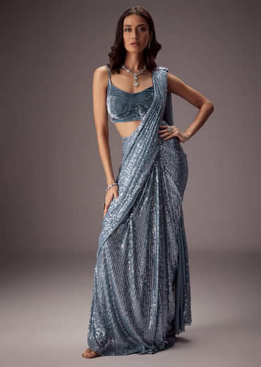 Steel Blue Sequin Saree Paired With A Plush Velvet blouse