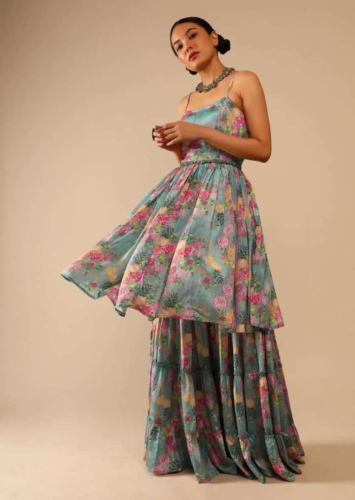 Steel Blue Sharara Suit In Crepe With Peplum Flared Kurti Adorned In Floral Print All Over