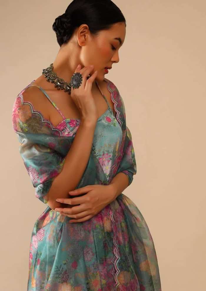 Steel Blue Sharara Suit In Crepe With Peplum Flared Kurti Adorned In Floral Print All Over