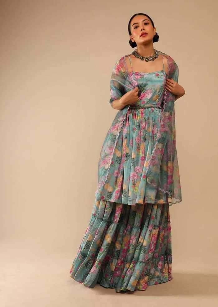Steel Blue Sharara Suit In Crepe With Peplum Flared Kurti Adorned In Floral Print All Over