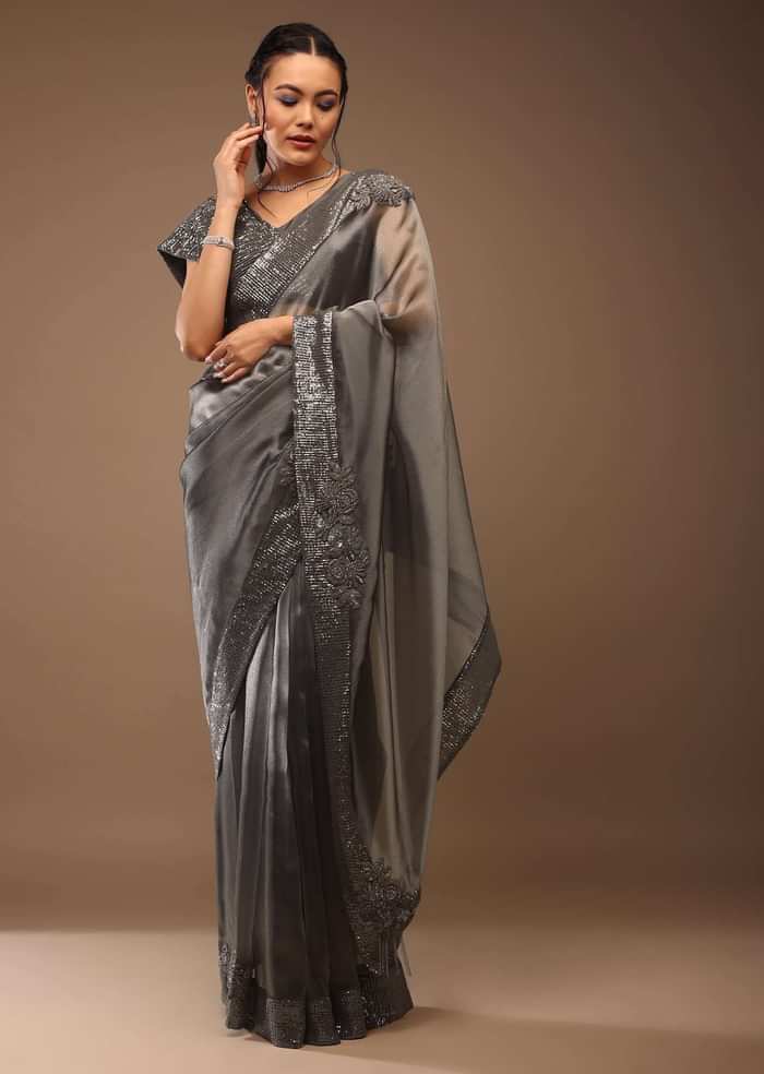 Steel Grey Tissue Organza Saree With Sequin Embroidery Blouse Crafted In Satin With A V Neckline