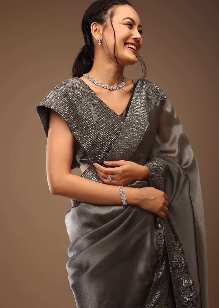 Steel Grey Tissue Organza Saree With Sequin Embroidery Blouse Crafted In Satin With A V Neckline