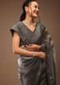 Steel Grey Tissue Organza Saree With Sequin Embroidery Blouse Crafted In Satin With A V Neckline