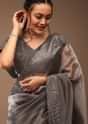 Steel Grey Tissue Organza Saree With Sequin Embroidery Blouse Crafted In Satin With A V Neckline