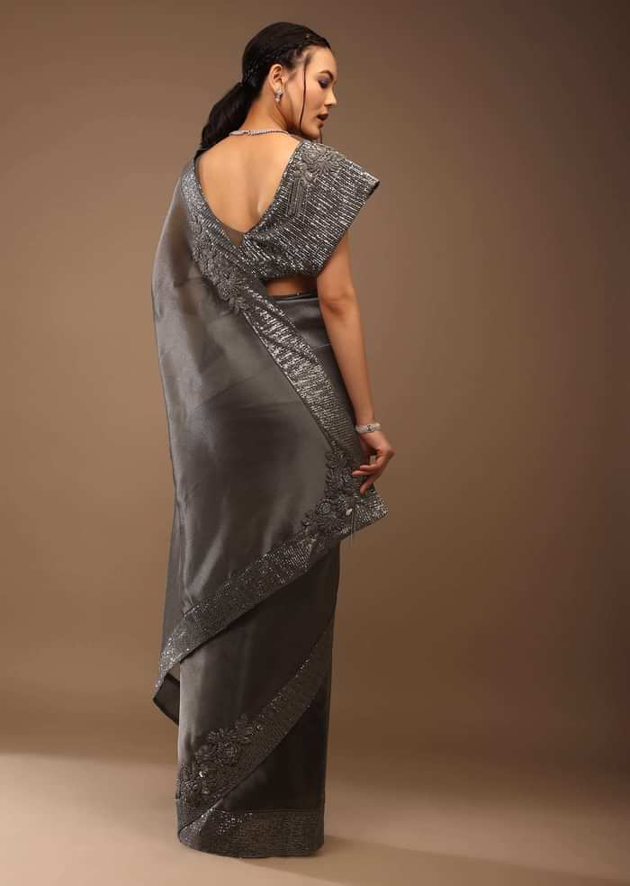 Steel Grey Tissue Organza Saree With Sequin Embroidery Blouse Crafted In Satin With A V Neckline