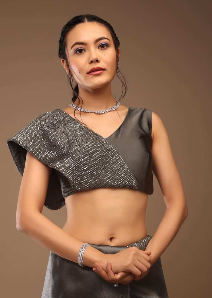 Steel Grey Tissue Organza Saree With Sequin Embroidery Blouse Crafted In Satin With A V Neckline