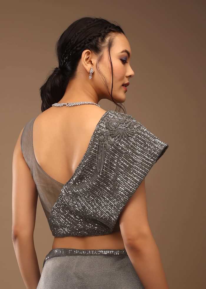 Steel Grey Tissue Organza Saree With Sequin Embroidery Blouse Crafted In Satin With A V Neckline