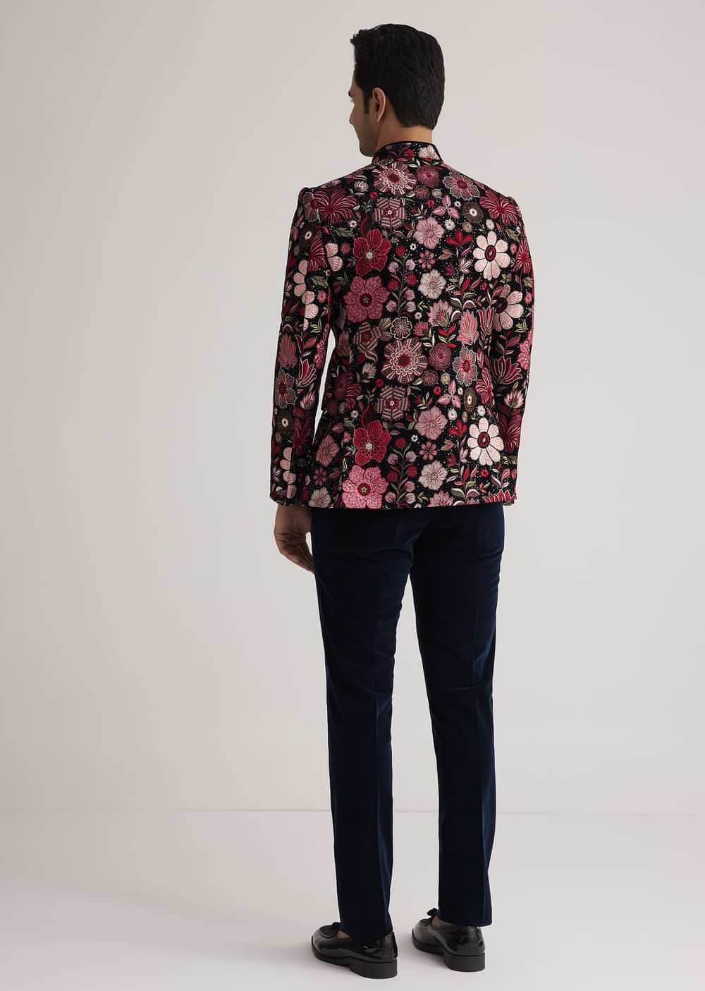 Pink Floral Embroidered Velvet Jodhpuri Suit