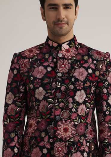 Pink Floral Embroidered Velvet Jodhpuri Suit