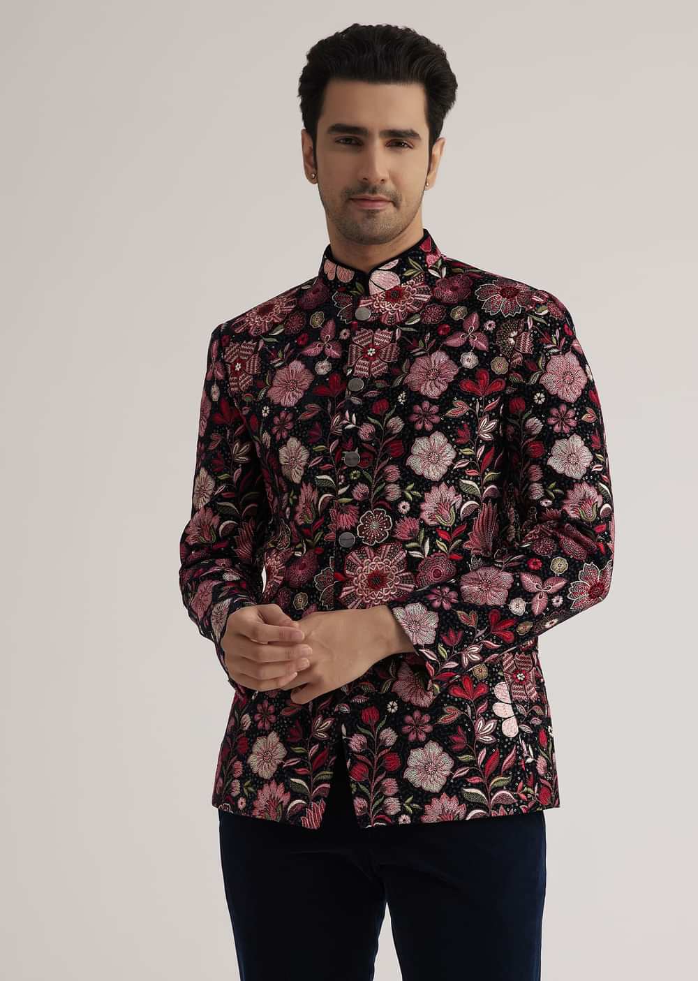 Pink Floral Embroidered Velvet Jodhpuri Suit