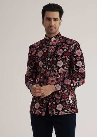 Pink Floral Embroidered Velvet Jodhpuri Suit