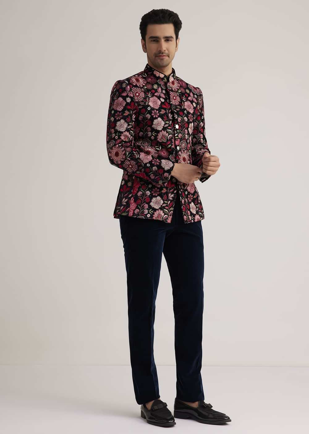 Pink Floral Embroidered Velvet Jodhpuri Suit