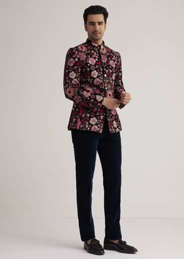 Pink Floral Embroidered Velvet Jodhpuri Suit