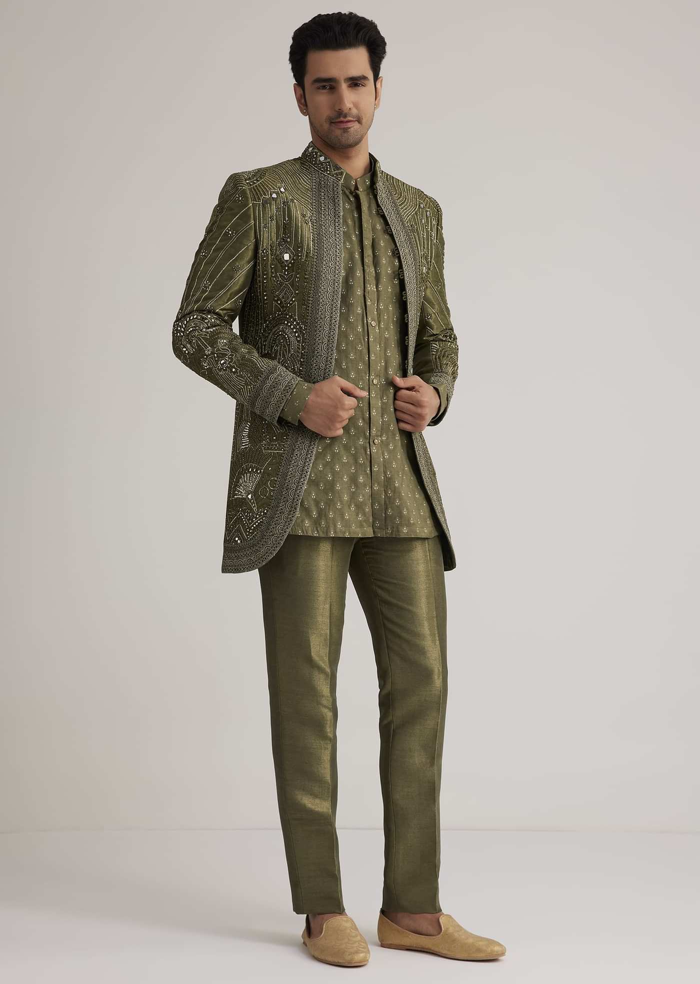 Olive Green Silk Indowestern Suit With Mirror Work