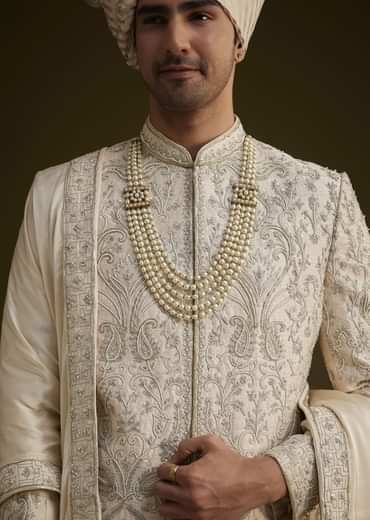 Fawn Silk Sherwani Set With Zardosi Detailing