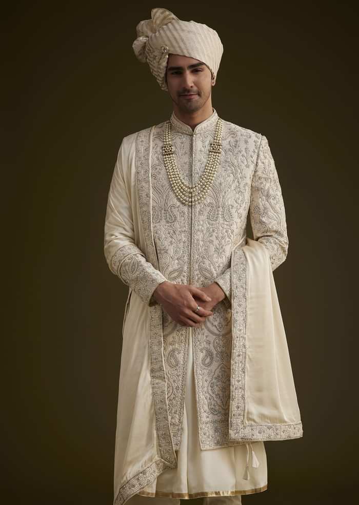 Fawn Silk Sherwani Set With Zardosi Detailing