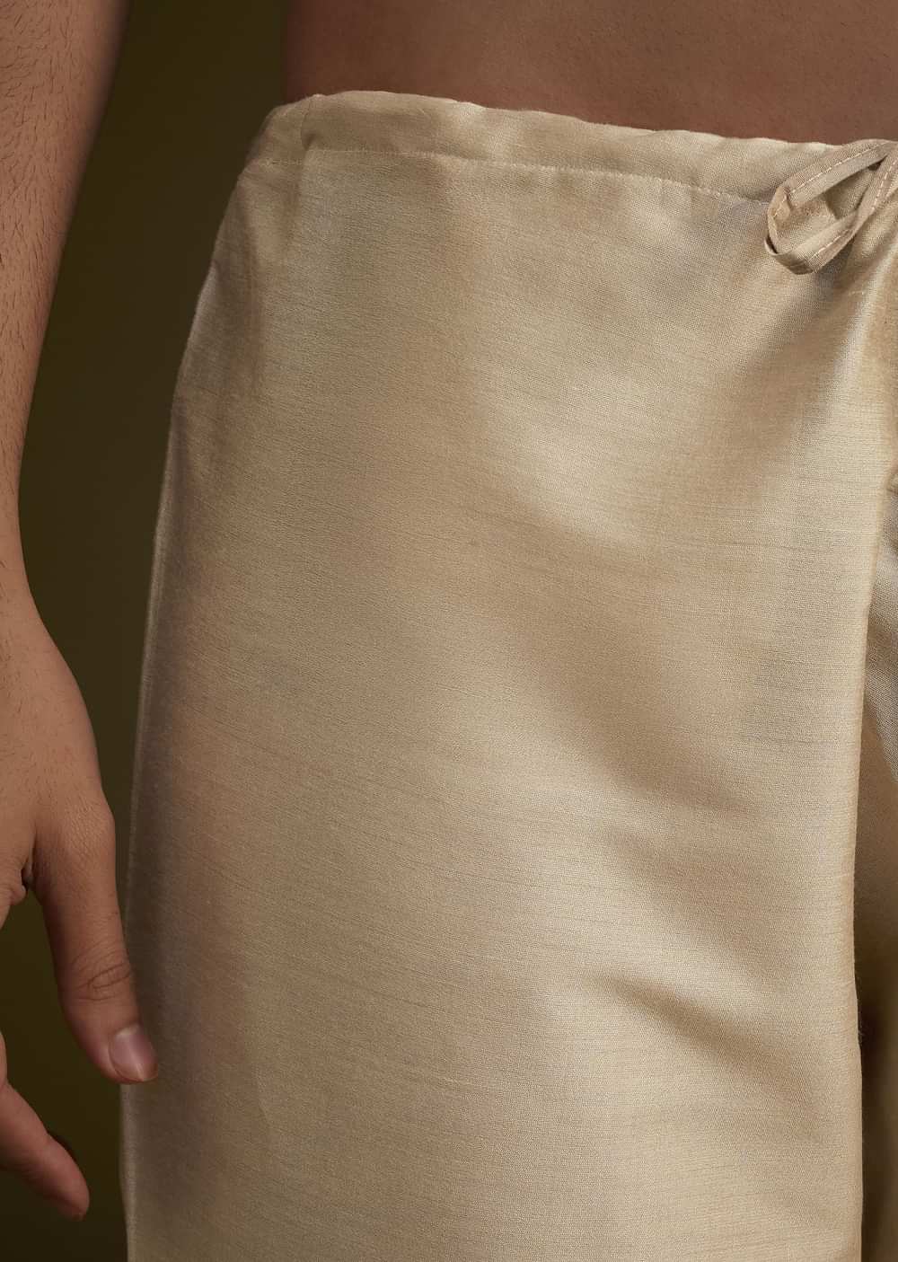 Beige Fawn Silk Sherwani Set With Embellished Dupatta Border