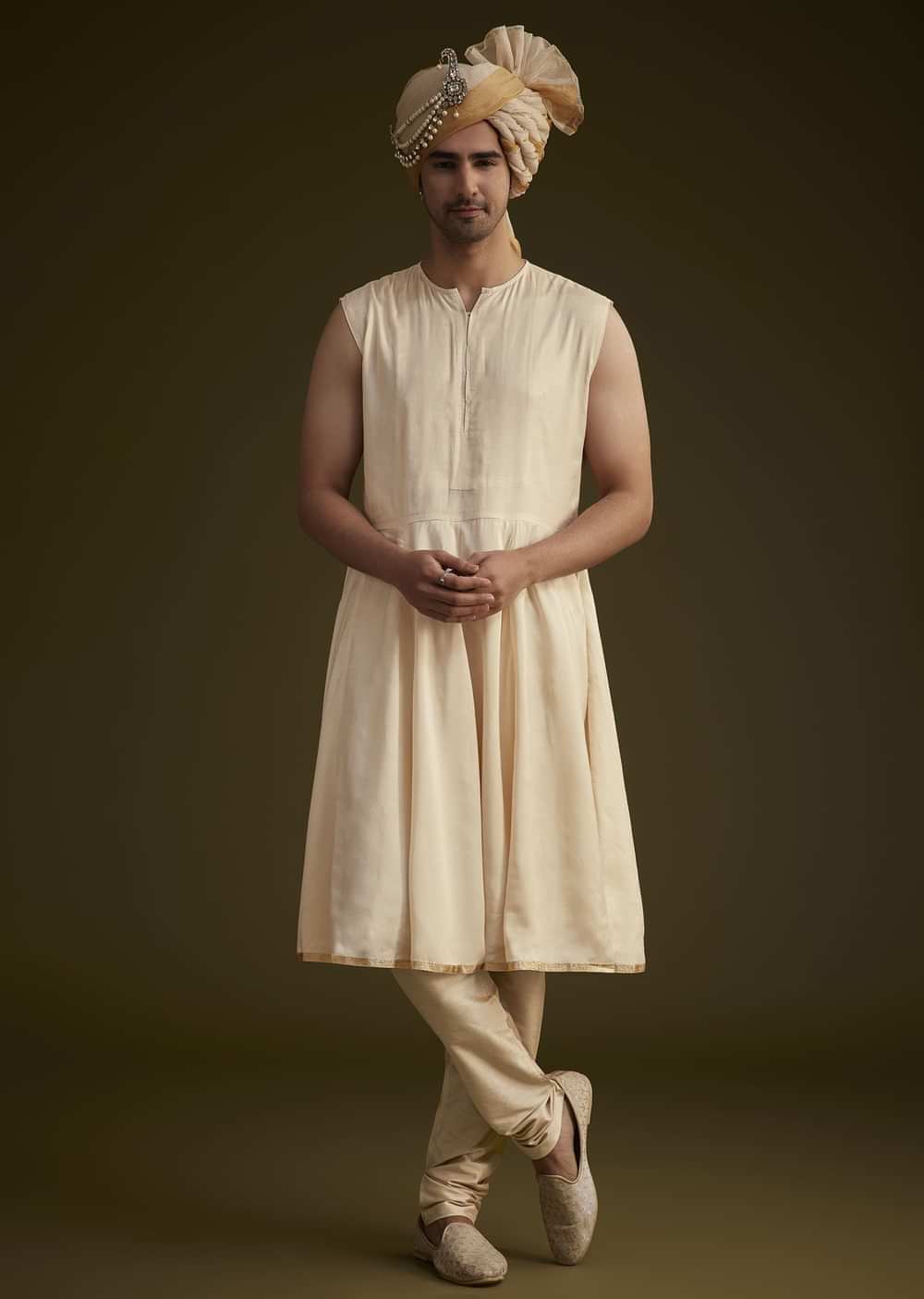 Beige Fawn Silk Sherwani Set With Embellished Dupatta Border