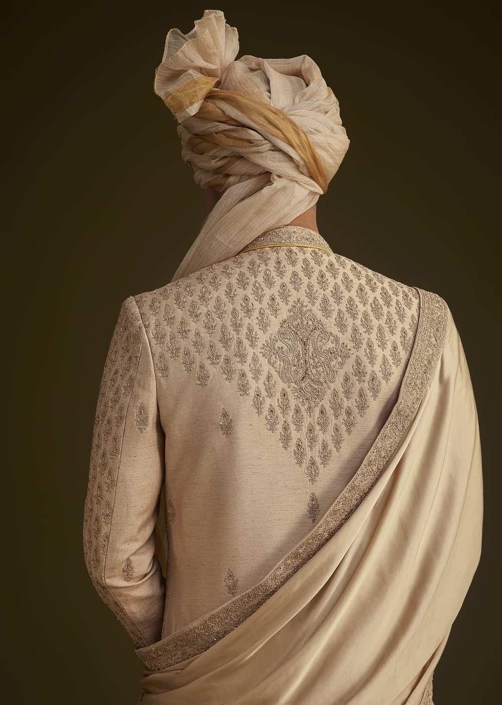 Beige Fawn Silk Sherwani Set With Embellished Dupatta Border