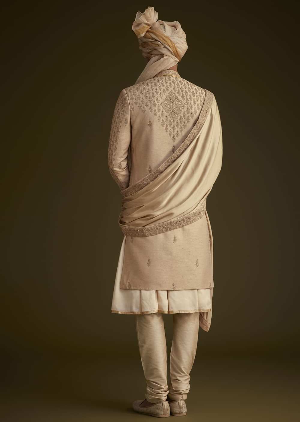 Beige Fawn Silk Sherwani Set With Embellished Dupatta Border