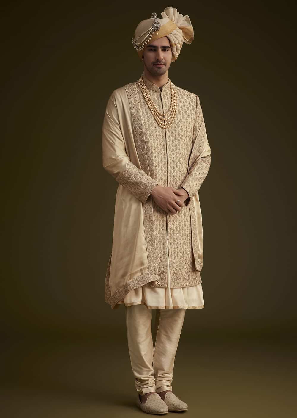 Beige Fawn Silk Sherwani Set With Embellished Dupatta Border