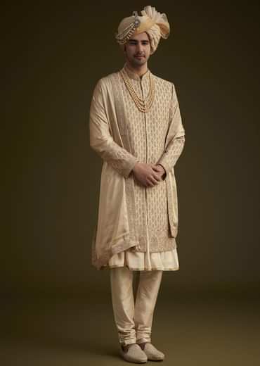 Beige Fawn Silk Sherwani Set With Embellished Dupatta Border