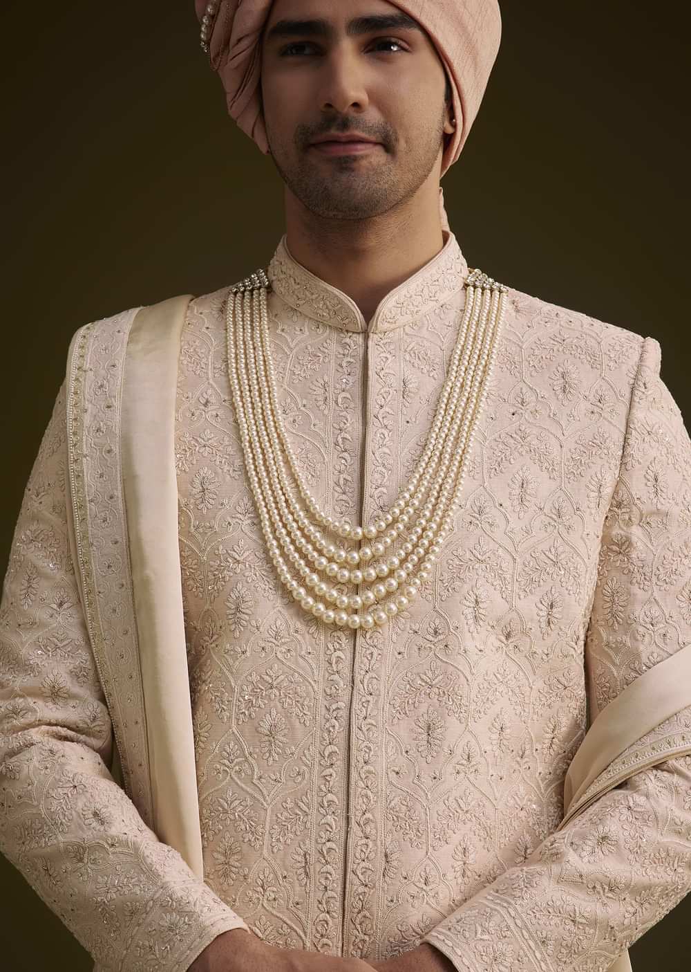 Baby Pink Silk Sherwani Set With Resham Embroidery