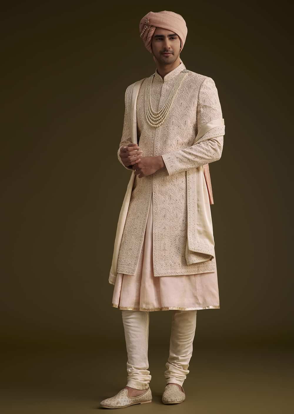 Baby Pink Silk Sherwani Set With Resham Embroidery