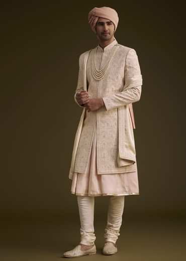 Baby Pink Silk Sherwani Set With Resham Embroidery