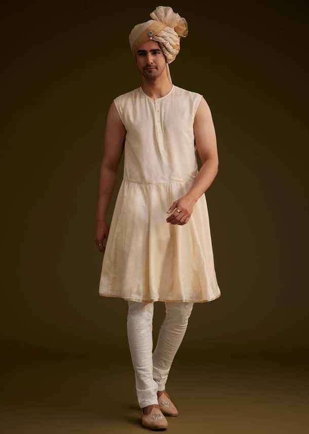 Fawn Silk Sherwani With Zardosi Embroidery