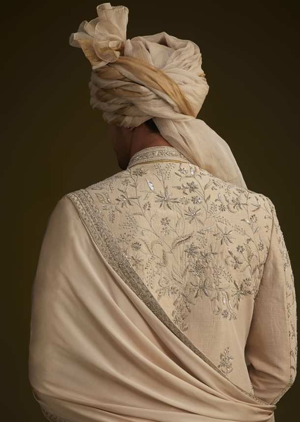 Fawn Silk Sherwani With Zardosi Embroidery