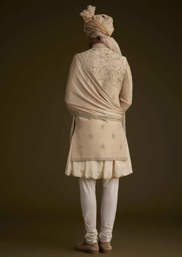 Fawn Silk Sherwani With Zardosi Embroidery